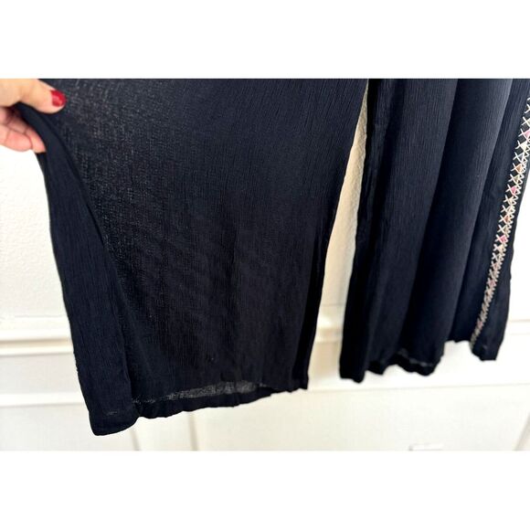 Free People Pants 2 Santoshi Black Wide Leg Embroidered Boho Hippie Gauzy Crinkl - Picture 8 of 15
